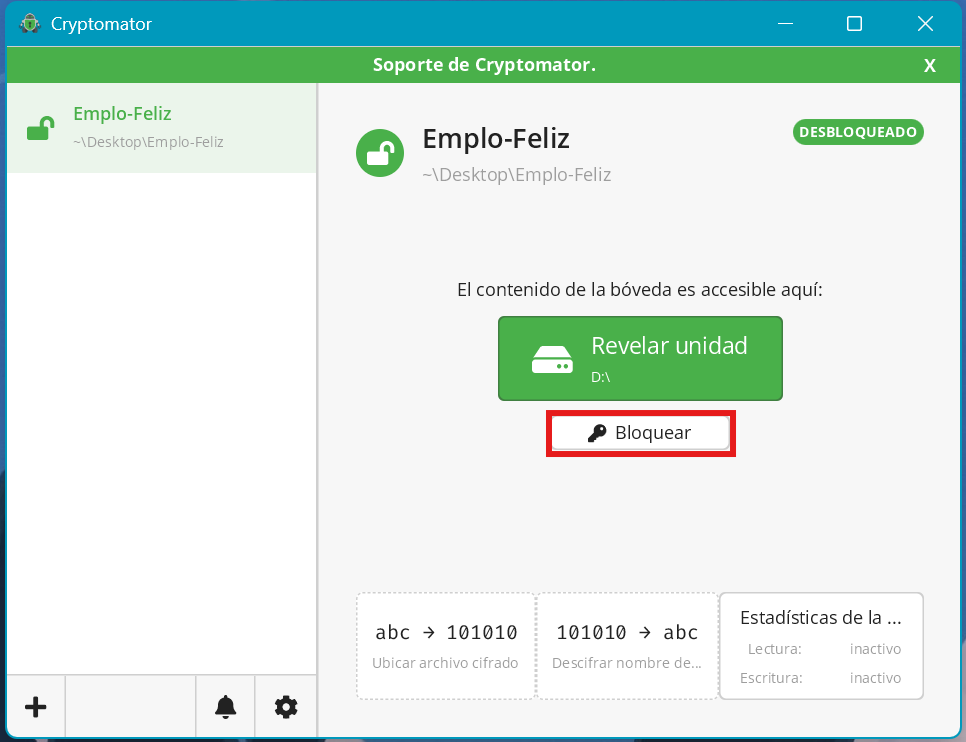 Ventana en donde se muestra la página principal de Cryptomator, un botón verde que dice “Revelar unidad” al centro y debajo un botón en blanco resaltada en rojo con un cuadro que dice “Bloquear”