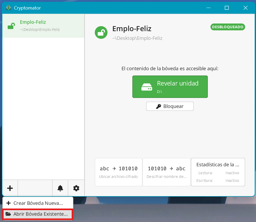 Ventana en donde se muestra la página principal de Cryptomator, un botón verde que dice “Revelar unidad” al centro y debajo un botón en blanco que dice “Bloquear”, en la esquina inferior izquierda, se despliega un menú en donde se encuentra la opción “Abrir Bóveda Existente…” resaltada con un cuadro rojo.