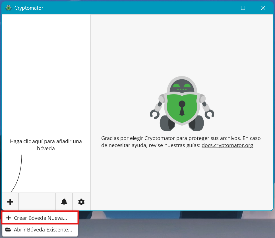 Ventana principal de Cryptomator, en la esquina inferior izquierda, se despliega un menú, resaltado con un cuadro rojo está la opción de “Crear Bóveda Nueva…”