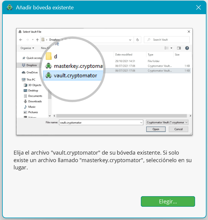 Ventana que muestra un explorador de archivos, en la parte de abajo una leyenda que dice “Elegir el archivo vault.cryptomator de su bóveda existente. Si solo existe un archivo llamado “masterkey.cryptomator”, selecciónelo en su lugar” y en la parte inferior derecha un botón verde que dice elegir.