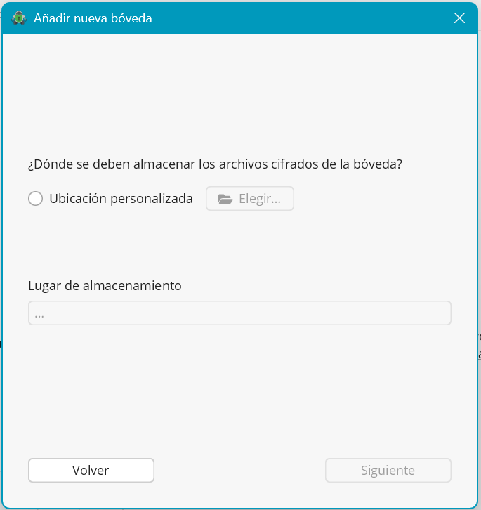 Ventana mostrando la opción para elegir la dirección de manera personalizada para la ubicación de la bóveda.