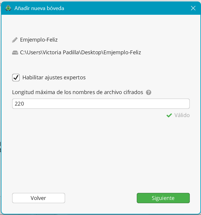 Ventana que muestra un botón de check para “Habilitar ajustes expertos”, esto hace referencia a la longitud máxima de los nombres de archivos cifrados con un máximo de 220. En la esquina inferior derecha se muestra un botón de color verde que dice “Siguiente” para continuar con las configuraciones de la bóveda.