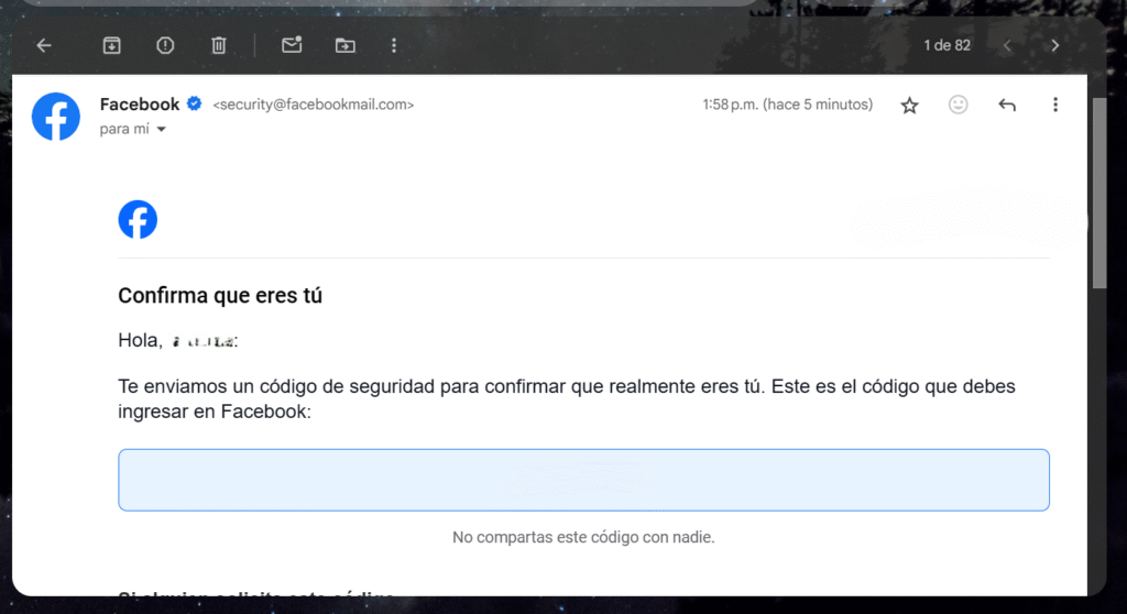 Captura de pantalla donde se muestra el correo electrónico donde llegó el código de verificación para la confirmación de inicio de sesión, en este caso en la sesión de Facebook