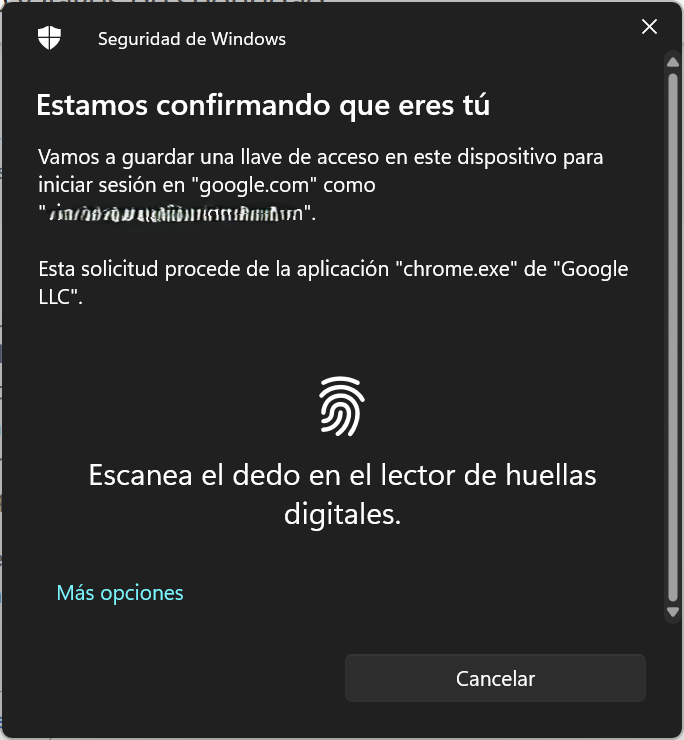 Captura de pantalla de un ejemplo de verificación a través de una passkey de huella digital.
