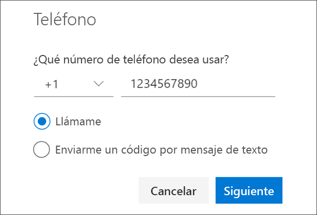 Captura de pantalla donde se ejemplifica uno de los pasos a seguir para configurar una llamada telefónica como factor de verificación, se muestra como se ingresa el número de teléfono a donde llegará la llamada.