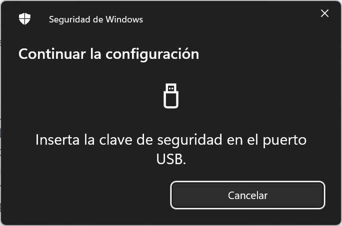 Captura de pantalla donde se muestra uno de los pasos para configurar las llaves físicas de seguridad, solicita que ingrese la llave para continuar con la configuración.