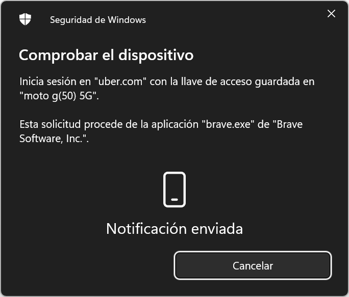 Captura de pantalla donde se muestra el envío de una notificación a tu dispositivo para confirmar tu identidad.