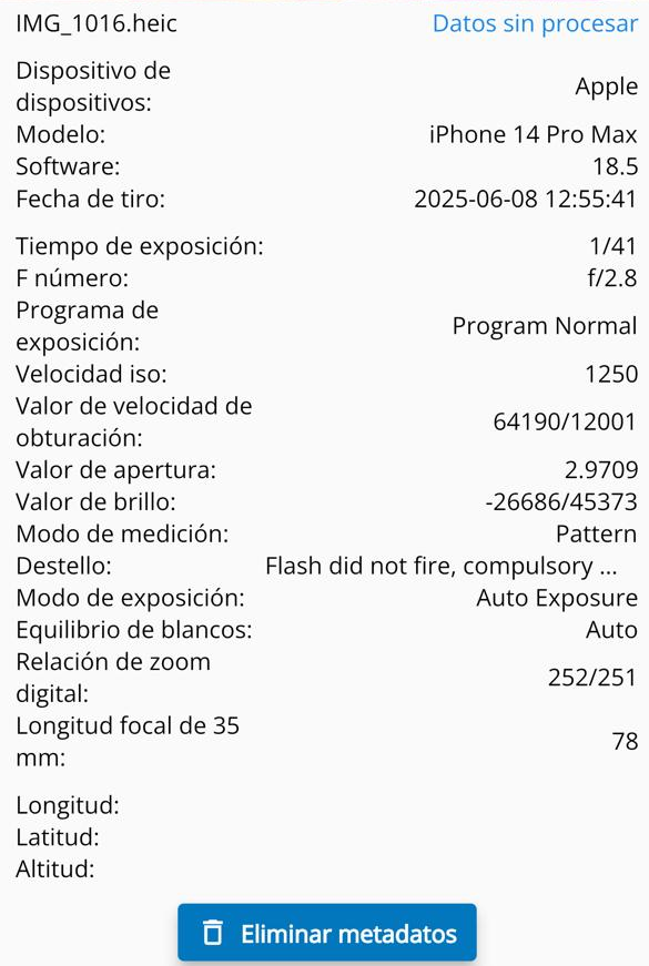 Información técnica de una fotografía