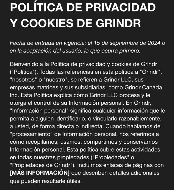 Captura de la política de privacidad de Grindr