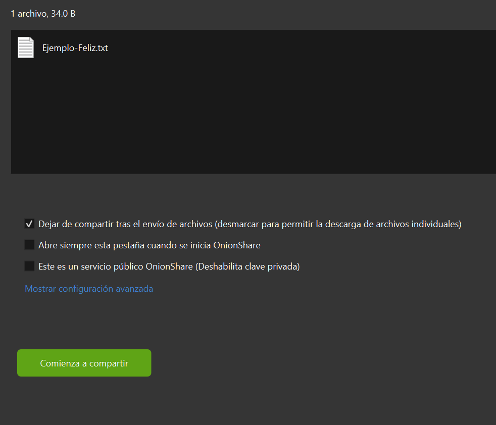 Pantalla al subir el archivo seleccionado, debajo muestra las configuraciones a elegir con el archivo y en la parte inferior, se muestra en verde un botón “Comienza a compartir”