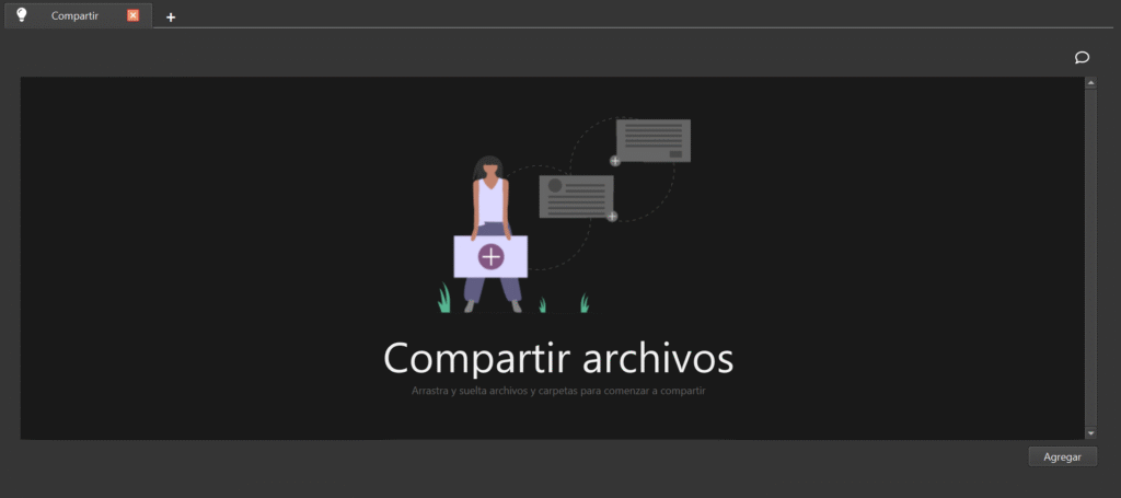 Pantalla principal al seleccionar la opción “Compartir archivos”, del lado inferior derecho, se muestra el botón “Agregar”