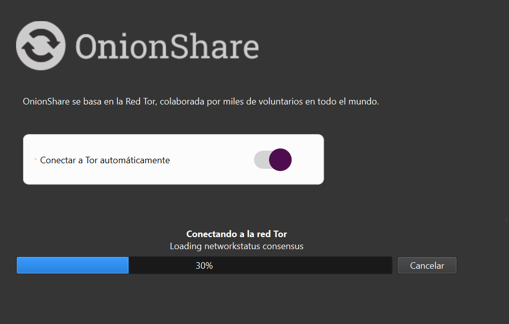 Pantalla al iniciar la conexión a Tor con línea de carga al 30% y la opción de cancelar la conexión.