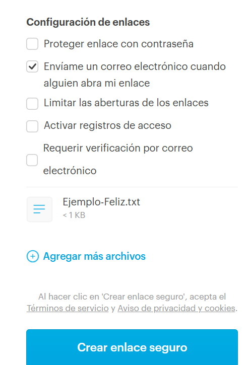 Menú con las diferentes opciones de configuración para el envío de archivos en Tresorit, debajo en color azul, muestra el botón “Crear enlace seguro”