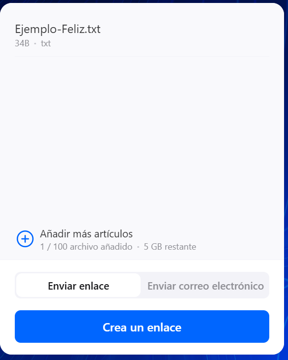 Ventana que muestra el archivo cargado, en la parte inferior, la opción de “Añadir más articulos”, después la opcion de envio y de color azul, el boton de “Crear enlace”
