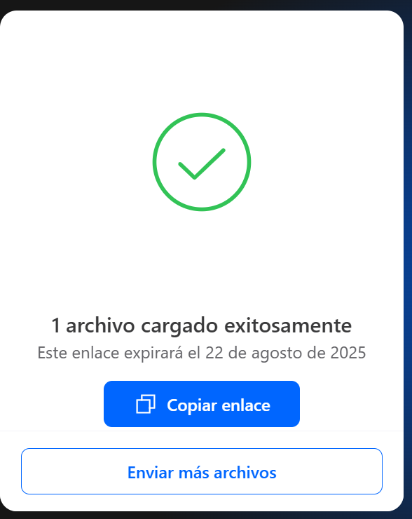 Ventana donde se muestra que el archivo se ha cargado exitosamente, en la parte inferior, nos muestra el botón “Copiar enlace”, debajo “Enviar más archivos”
