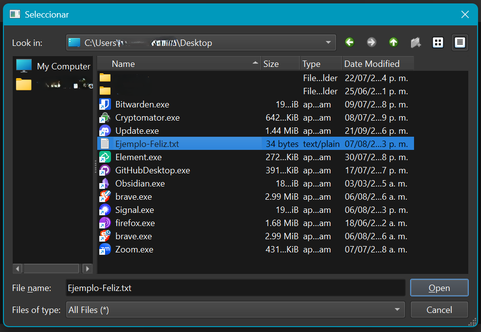 Explorador de archivos de OnionShare, seleccionado el archivo de ejemplo.
