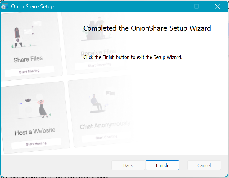 Pantalla de finalización de la instalación de la aplicación OnionShare.