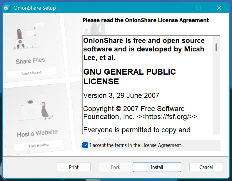 Pantalla principal al iniciar la instalación de la aplicación OnionShare.