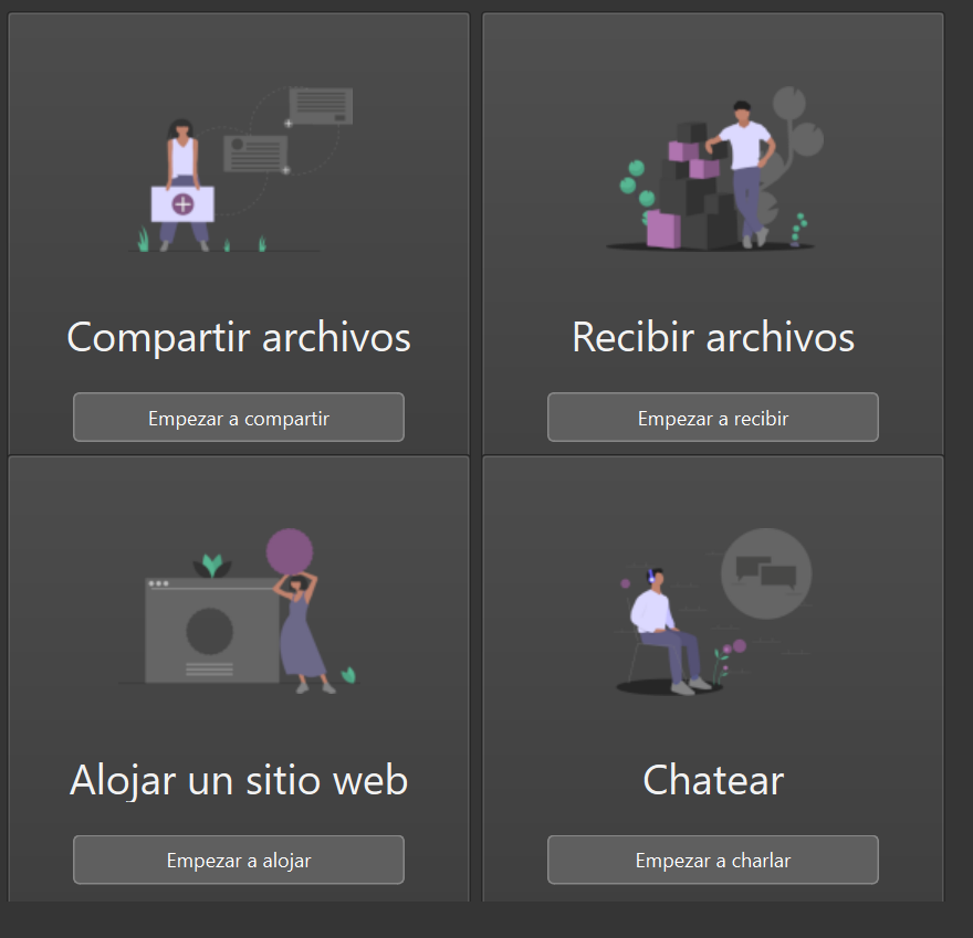 Pantalla principal al iniciar la aplicación OnionShare, conectando a Tor, muestra cuatro apartado con diferentes opciones a realizar.