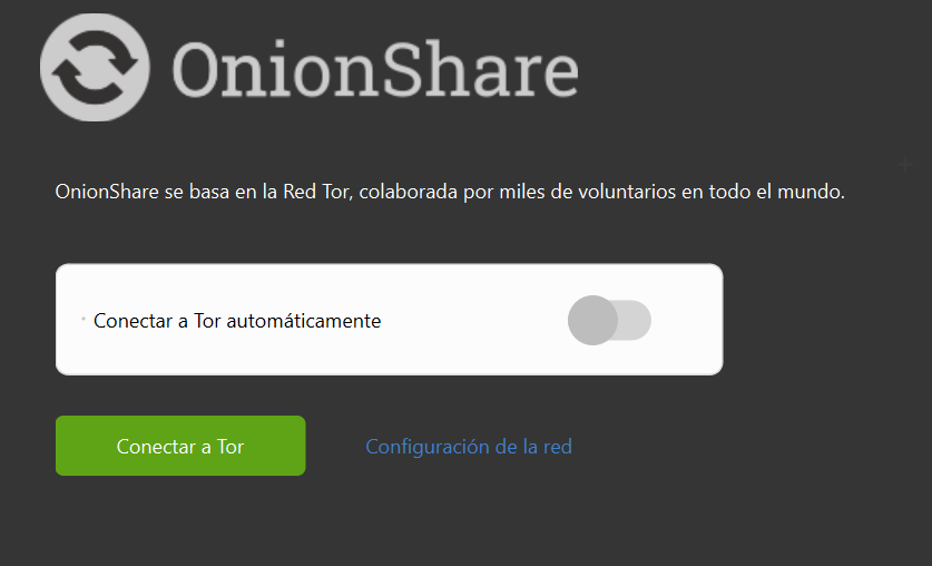 Pantalla principal al iniciar la aplicación OnionShare, con la opción de conectar a Tor y de conectar automáticamente.