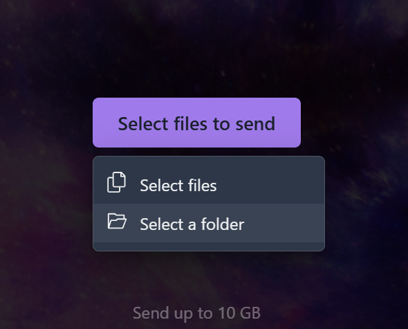 Menú desplegable al seleccionar “Select files to send” con las opciones “Select files” y “Select a folder”