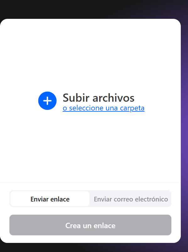 Se muestra la ventana para subir archivos a la herramienta Internxt Send, además de la opción de seleccionar una carpeta.