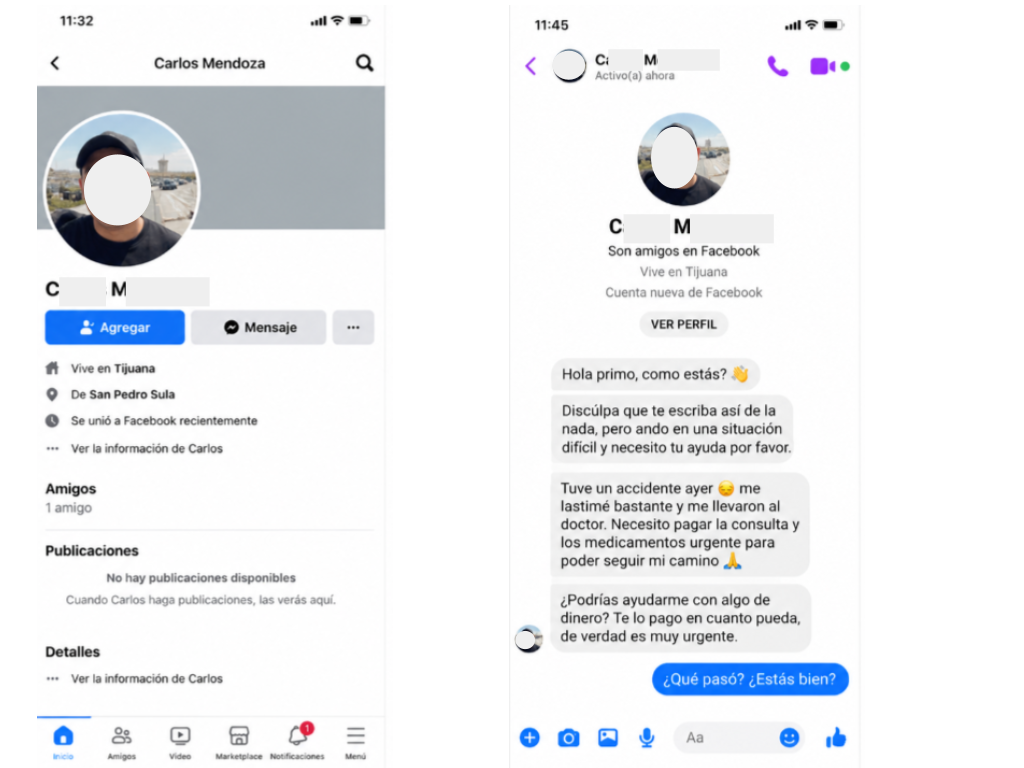 Perfil de Facebook y conversación establecida por el mismo medio.