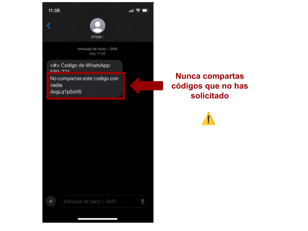 Capturas de pantalla de código de registro de WhatsApp con señalización de no compartir con nadie.
