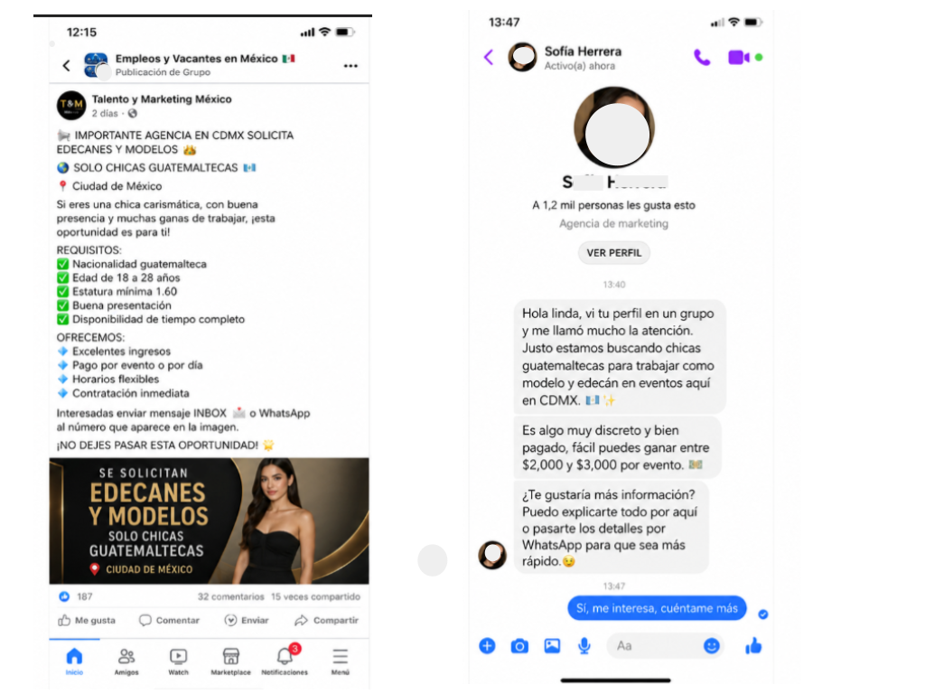 Capturas de pantalla de publicación y conversación de Facebook con ofrecimiento de vacantes para mujeres de Guatemala.