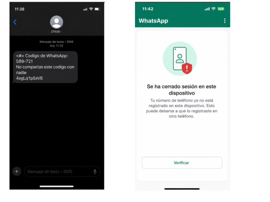 Capturas de pantalla de código de registro de WhatsApp y cierre de sesión.