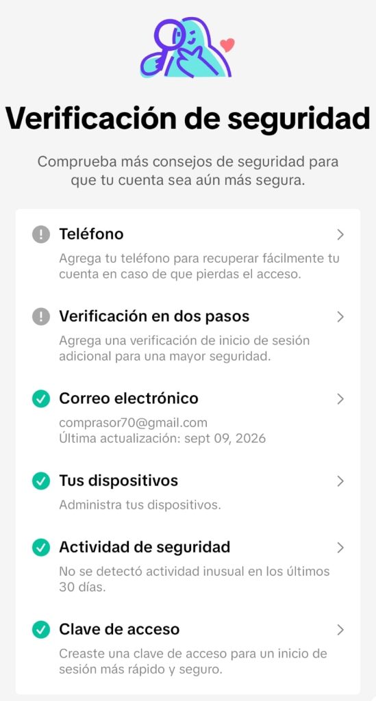 Captura de pantalla de TikTok mostrando el menú completo de la verificación de seguridad de una cuenta.