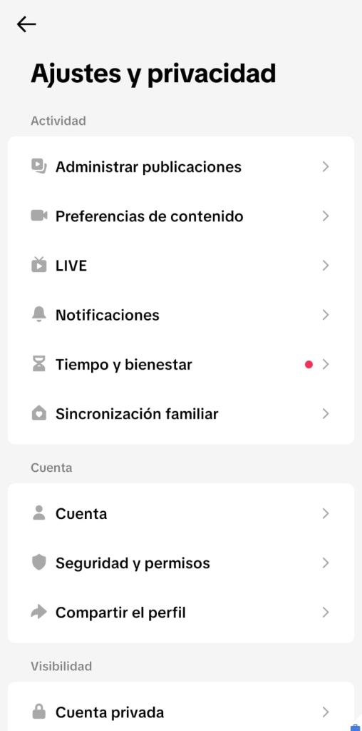 Captura de pantalla del menú “Ajustes y privacidad” de TikTok.