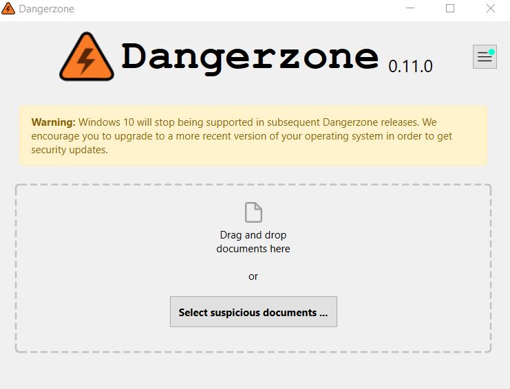 Pantalla inicial de programa Dangerzone