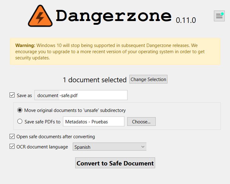Pantalla del programa Dangerzone donde se carga el archivo