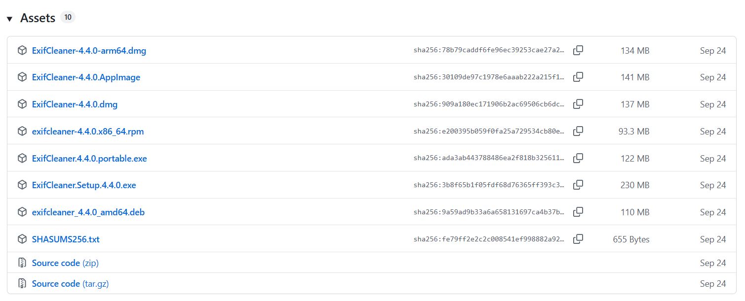 Tabla de Assets para herramienta ExifCleaner en página GitHub
