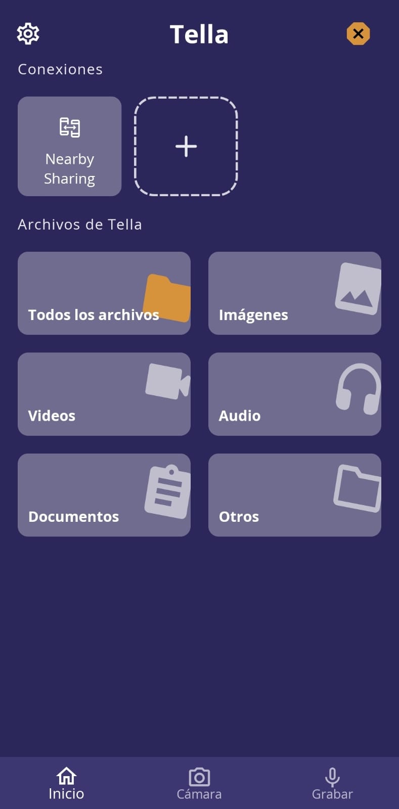 Pantalla inicial de aplicación Tella
