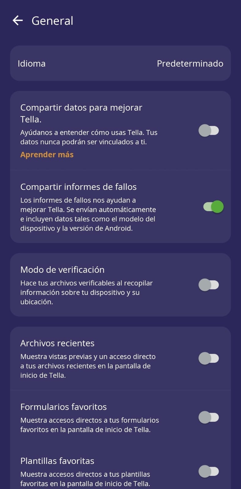 Menú “General” de aplicación Tella