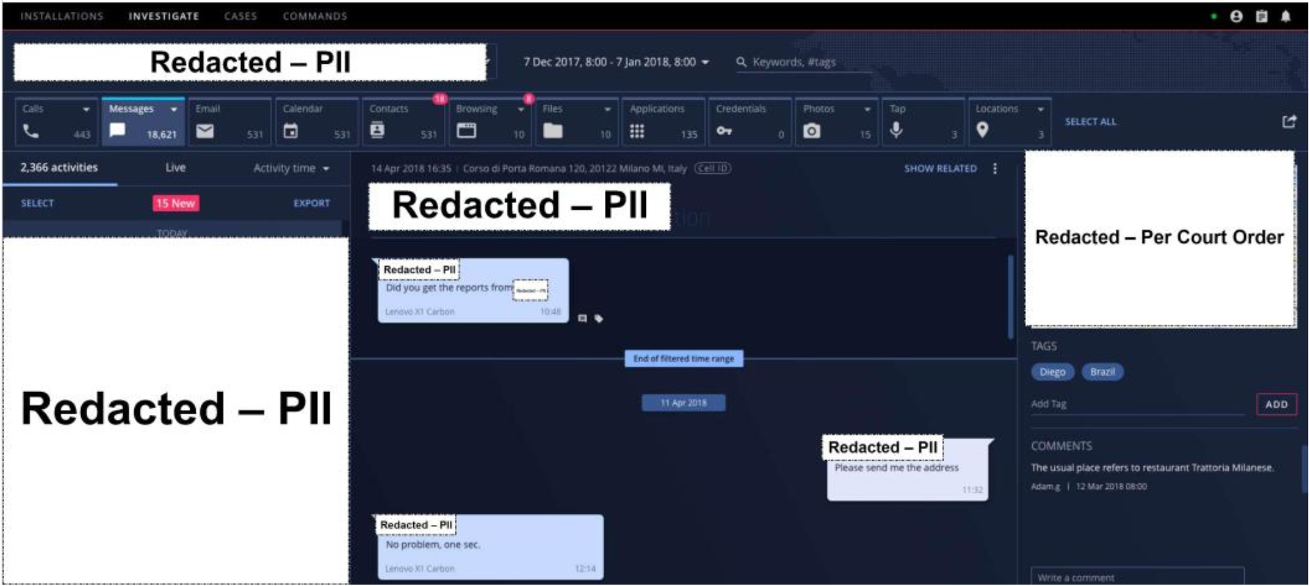 La imagen muestra un panel de control basado en interfaz gráfica con diferentes botones para utilizar funciones de la herramienta de vigilancia Pegasus.