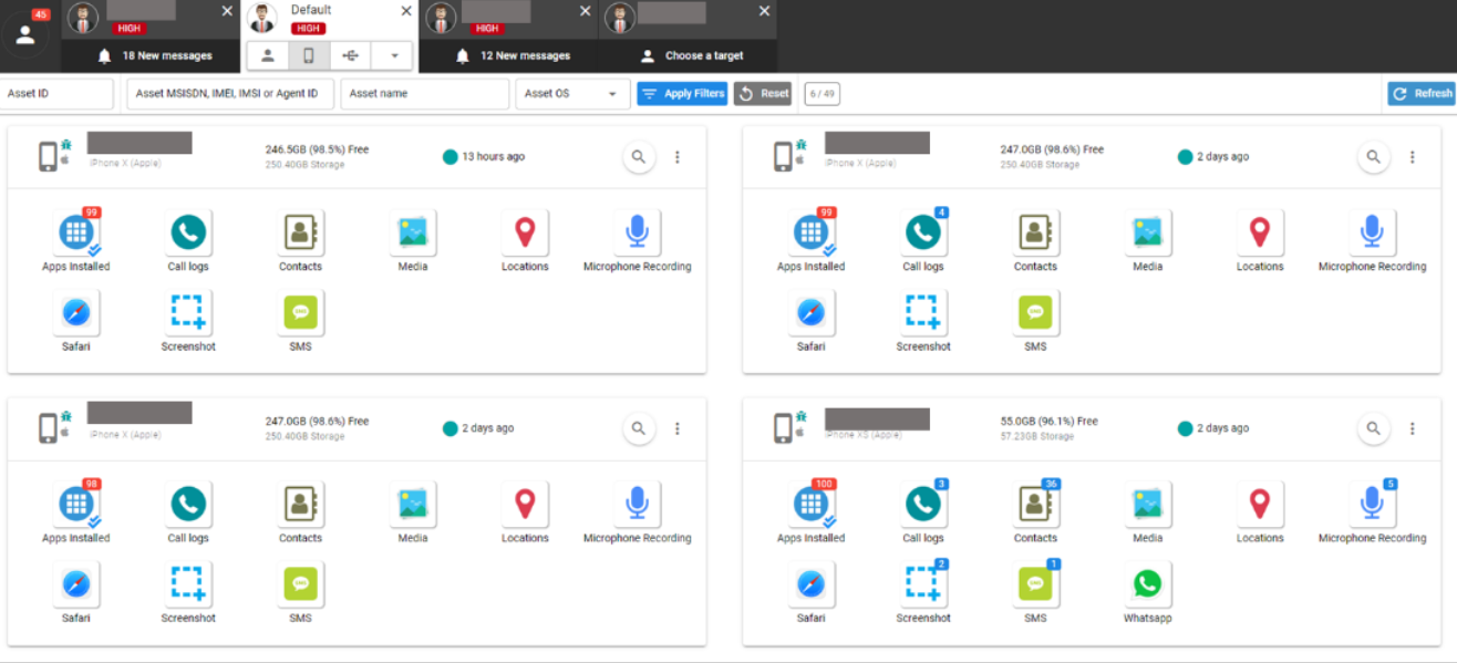 La imagen muestra un panel de control basado en interfaz gráfica con diferentes botones para utilizar funciones de la herramienta de vigilancia Predator.